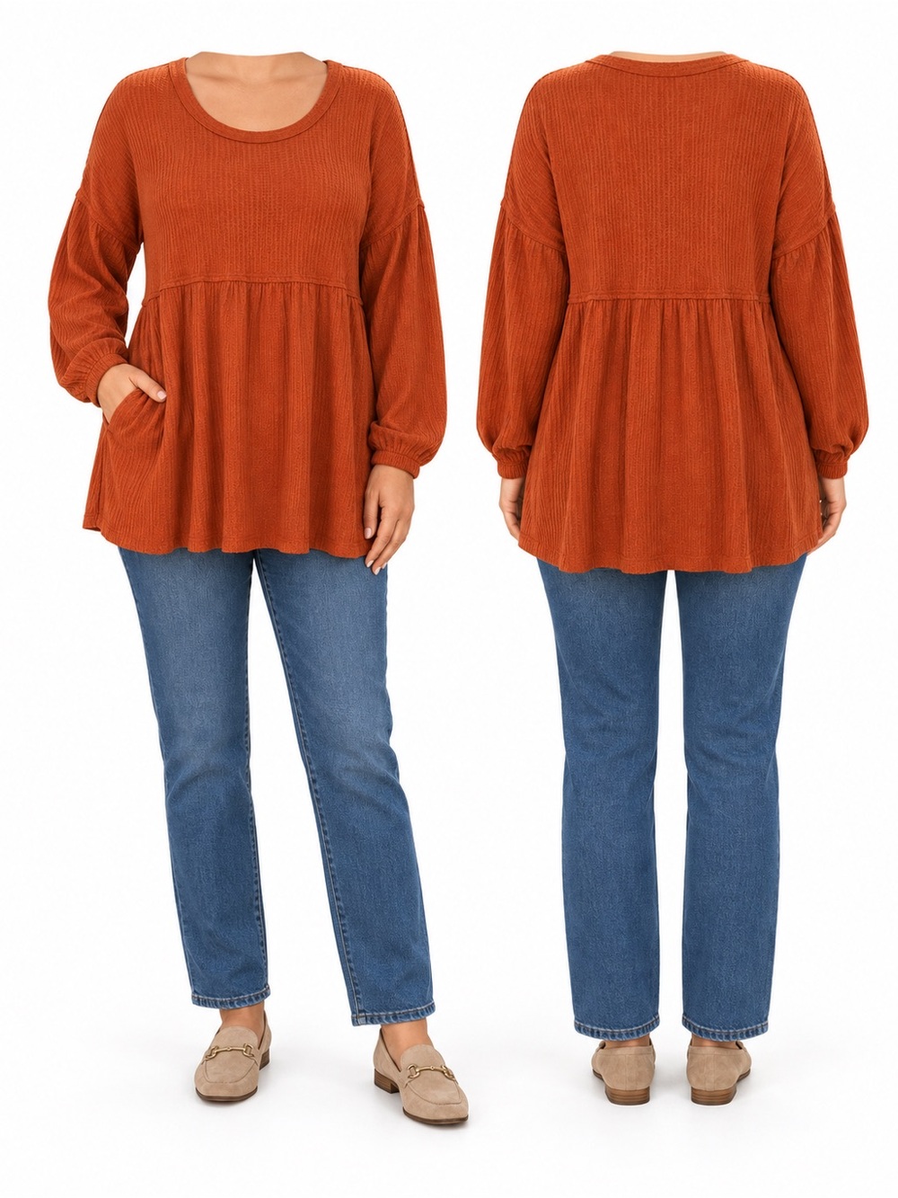 Wonderly Rust Waffle-Knit Long Sleeve Top